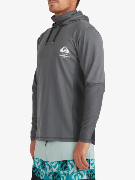mężczyźni Quiksilver T-shirt surfingowy Waterman Angler z kapturem i długim rękawem upf 50 4DBV1848 ciemny cień